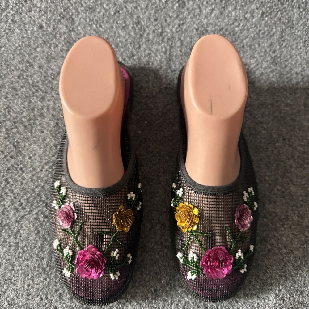 Unbranded Embroidered Mesh Floral Slip-On Slippers Black Women's 9 Beach Resort